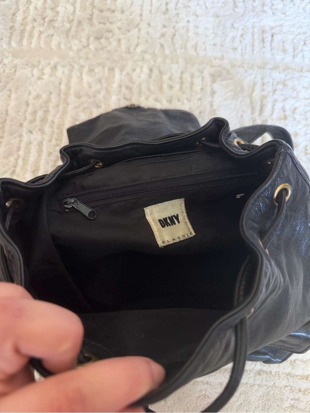 DKNY Black Leather Drawstring Backpack with Front Pockets - Picture 3 of 6